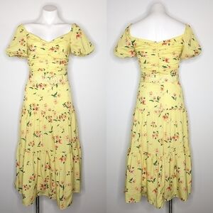 NWT Paloma Blue Evie yellow fleur ruched flower print short sleeve midi dress XS